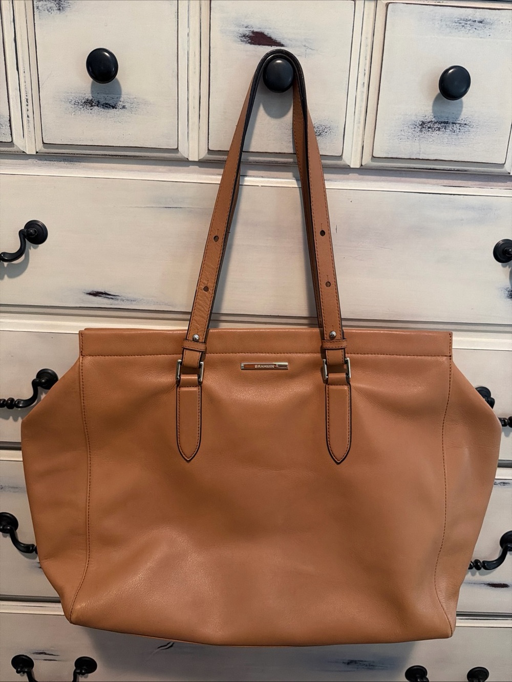 Amazing Brahmin Smooth Leather Zip Top Travel Tote Large 12 X 20 Bag Carryall